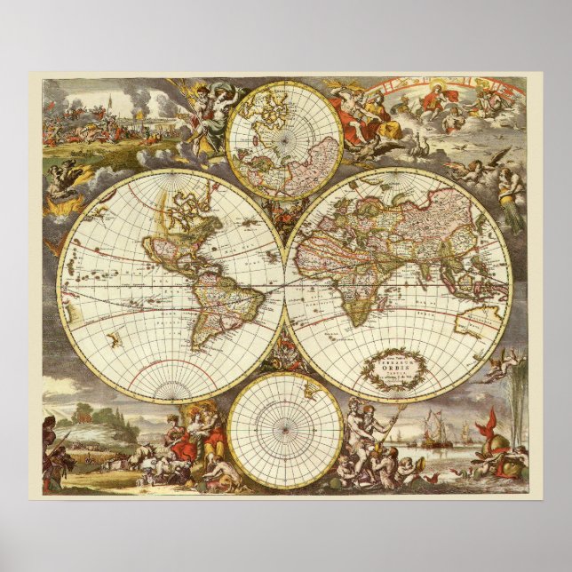 Poster Mapa Mundial Antiquado, c. 1680. Por Frederick de  (Frente)