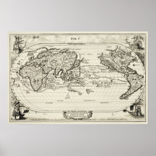 Pôster Mapa Mundial Antiquado do Século 16 com réplica de