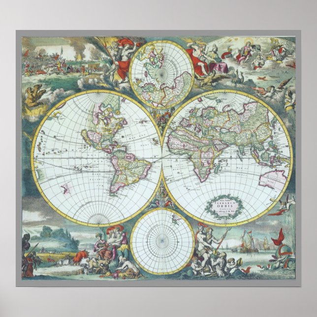 Pôster Mapa Mundial Antiquado do Século XVII, Frederick D (Frente)