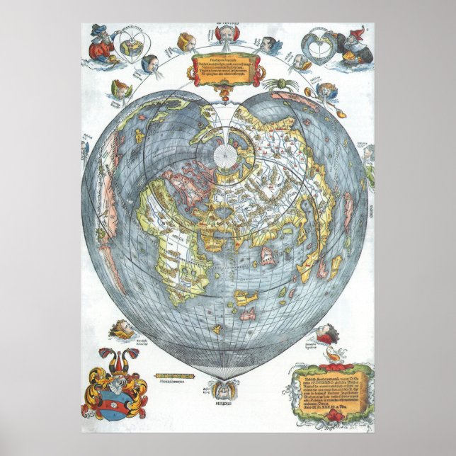 Pôster Mapa Mundial Antiquado em Forma de Coração Vintage (Frente)