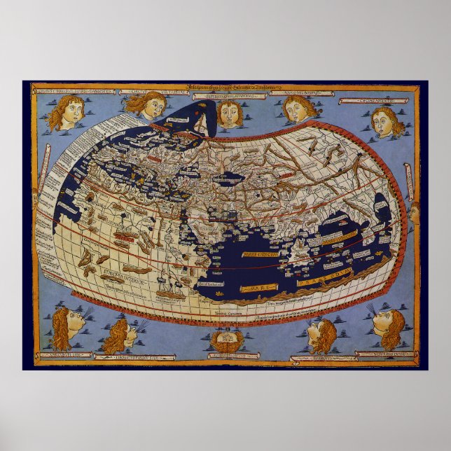 Pôster Mapa Mundial Antiquado Ptolémico, Johannes de Arns (Frente)
