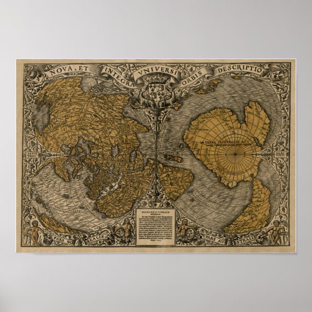 Pôster Mapa Mundial Clássico 1531 Antiquado por Oronce Fi (Frente)