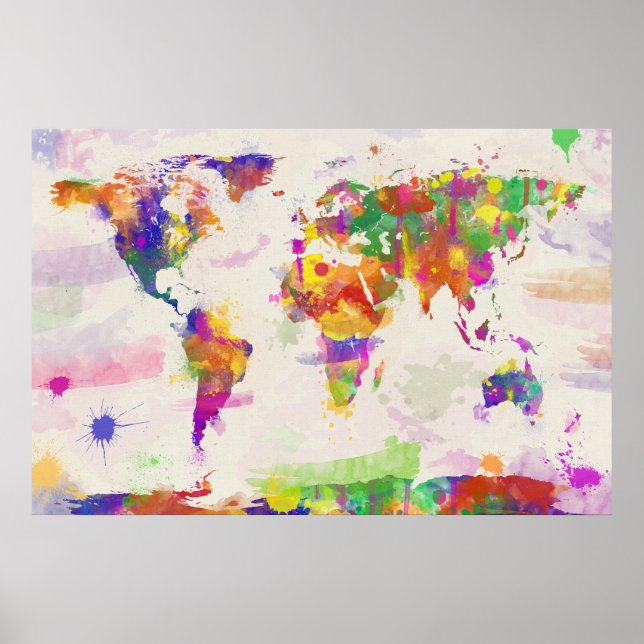 Poster Mapa Mundial Colorido de Aquarelas (Frente)
