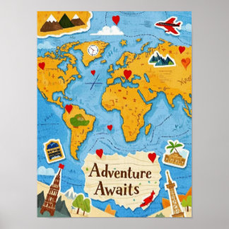 Poster Mapa Mundial Crachás de Coração Aventura Espera po