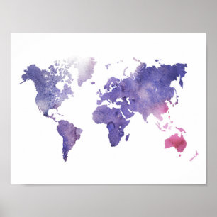 Pôster Mapa Mundial da Aquarela Puro