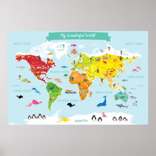 Poster Mapa Mundial das Crianças Brilhantes com Ilustraçõ