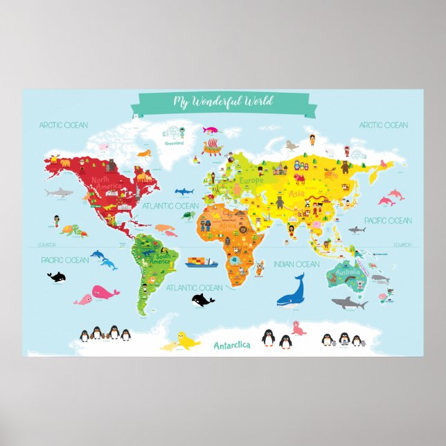 Poster Mapa Mundial das Crianças Brilhantes com Ilustraçõ (Frente)