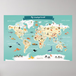 Poster Mapa Mundial das Crianças com Animais e Pontos de