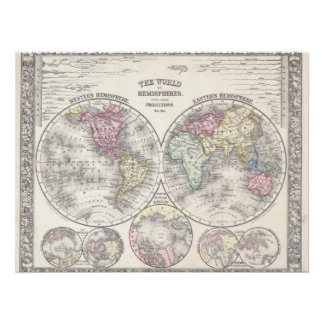 Pôster Mapa Mundial de 1864 de Mitchell em Projeção de He