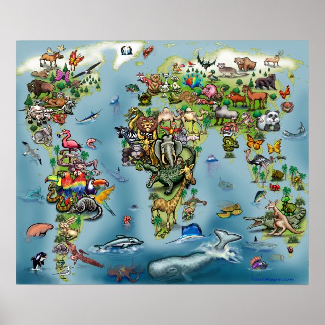 Pôster Mapa Mundial de Animais (Frente)