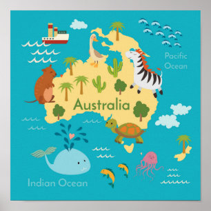 Pôster Mapa Mundial de Animais da Austrália para Crianç