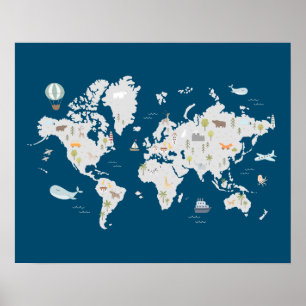 Poster Mapa Mundial de Animais Fofos