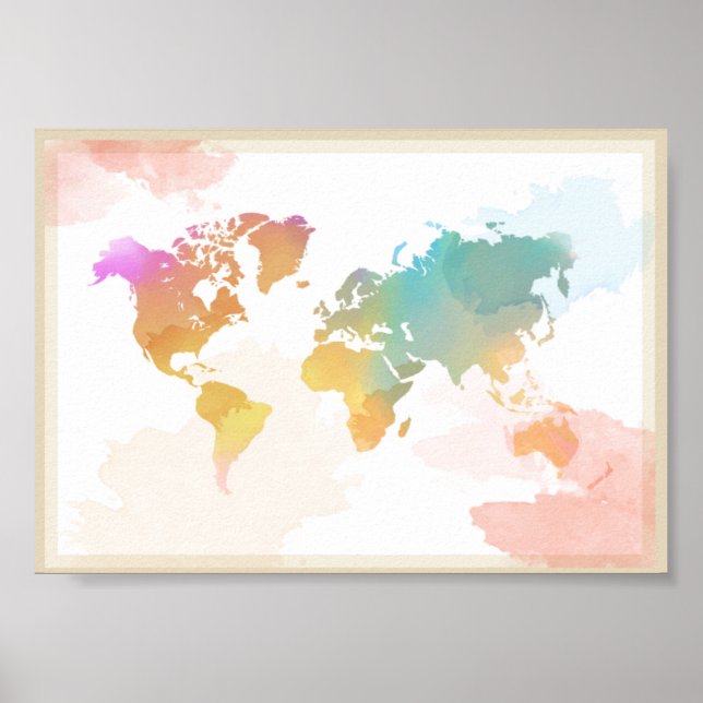 Poster Mapa Mundial de Aquarela (Frente)