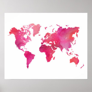 Pôster Mapa Mundial de Aquarela Rosa