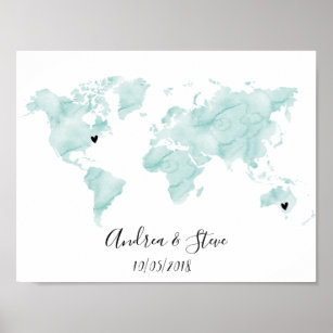 Poster Mapa Mundial de Aquarelas com casais amovíveis