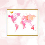 Poster Mapa Mundial De Aquarelas Rosa E Dourada<br><div class="desc">Poster do Mapa do Mundo Rosa e Dourado com um mapa do Mundo em aquarelas cor-de-rosa e uma ave de ouro fofa. Perfeito para a menina que ama viagem ao Mundo e fazer dela sua ostra.</div>