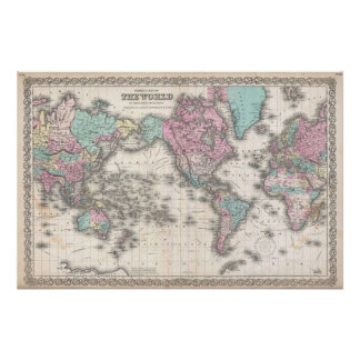 Pôster Mapa Mundial de Colton de 1855 na Projeção de Merc