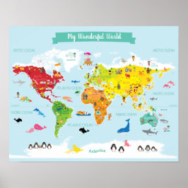 Poster Mapa Mundial de Crianças Brilhantes com Ilustraçõe