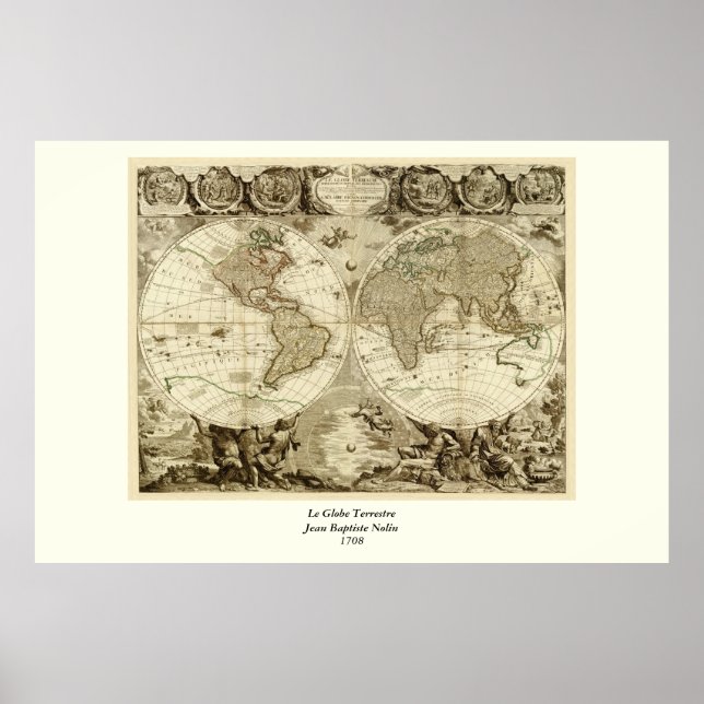 Poster Mapa mundial de Jean Baptiste Nolin em 1708 (Frente)