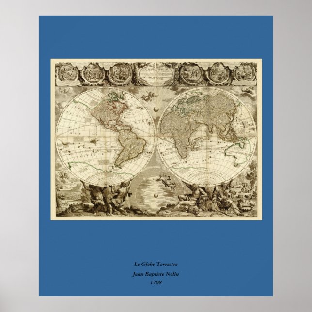 Pôster Mapa mundial de Jean Baptiste Nolin em 1708 (Frente)