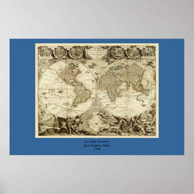 Poster Mapa mundial de Jean Baptiste Nolin em 1708 (Frente)