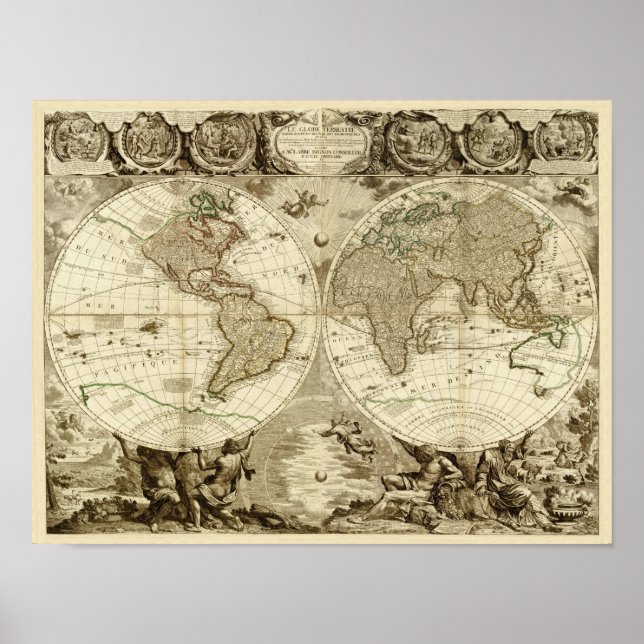 Poster Mapa mundial de Jean Baptiste Nolin em 1708 (Frente)