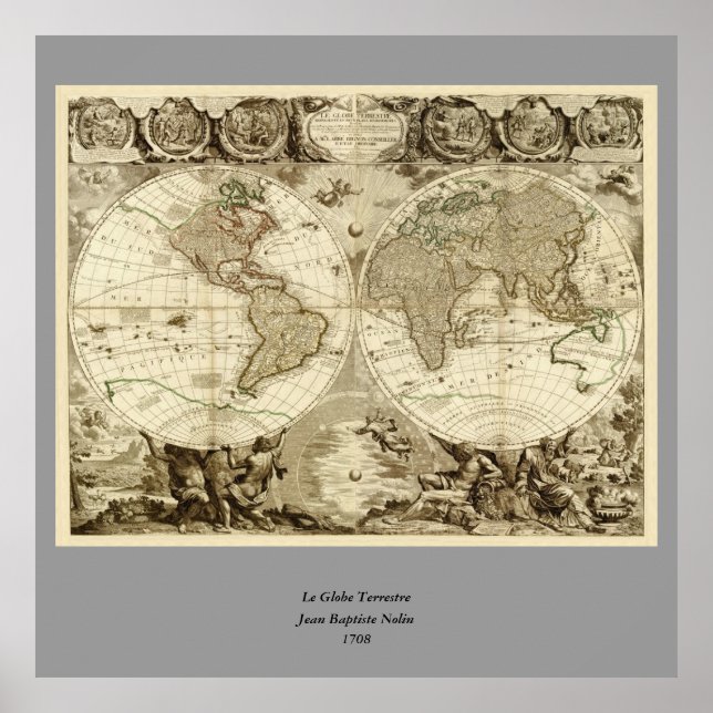 Poster Mapa mundial de Jean Baptiste Nolin em 1708 (Frente)