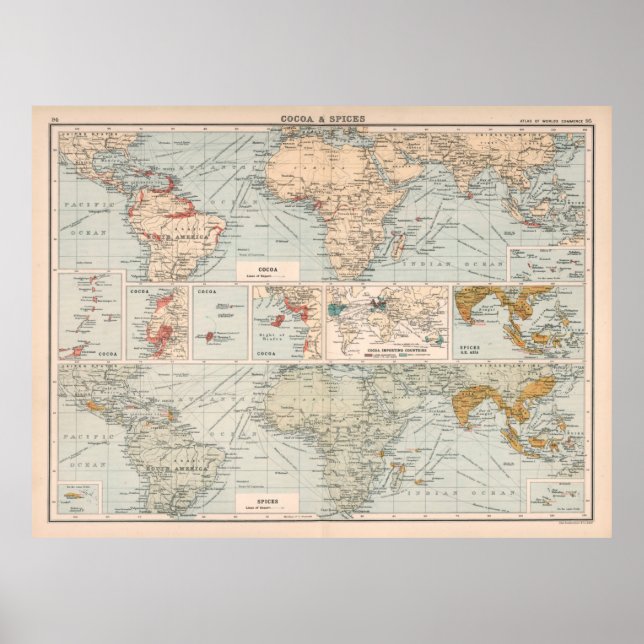 Poster Mapa Mundial do Cacau e Especiarias (1907) (Frente)