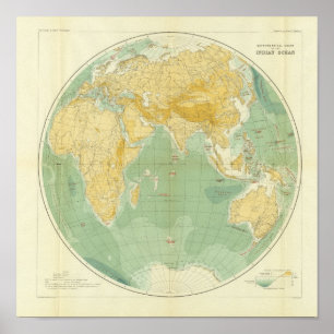 Poster Mapa Mundial do Oceano Índico, Europa, Ásia e Á