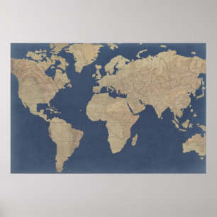Poster Mapa Mundial Dourado e Azul