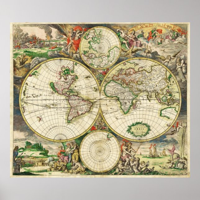 Pôster Mapa mundial em 1689 por Gerard van Schagen (Frente)