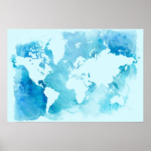 Poster Mapa Mundial em Blues de Aquarela