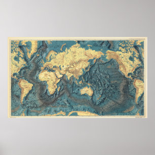 Poster Mapa Mundial em Relieve Oceânico Antigo: Continent