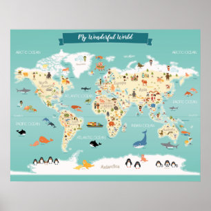 Pôster Mapa Mundial Infantil com Ilustrações