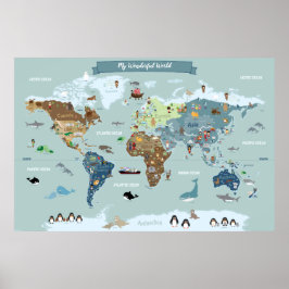 Poster Mapa Mundial Infantil com Ilustrações Fofas