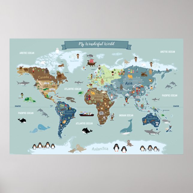 Poster Mapa Mundial Infantil com Ilustrações Fofas (Frente)