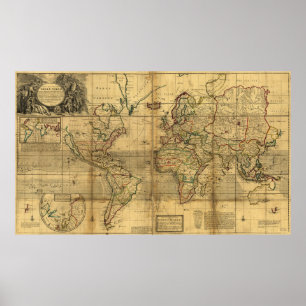 Pôster Mapa Mundial Inteiro de Herman Moll (1719)