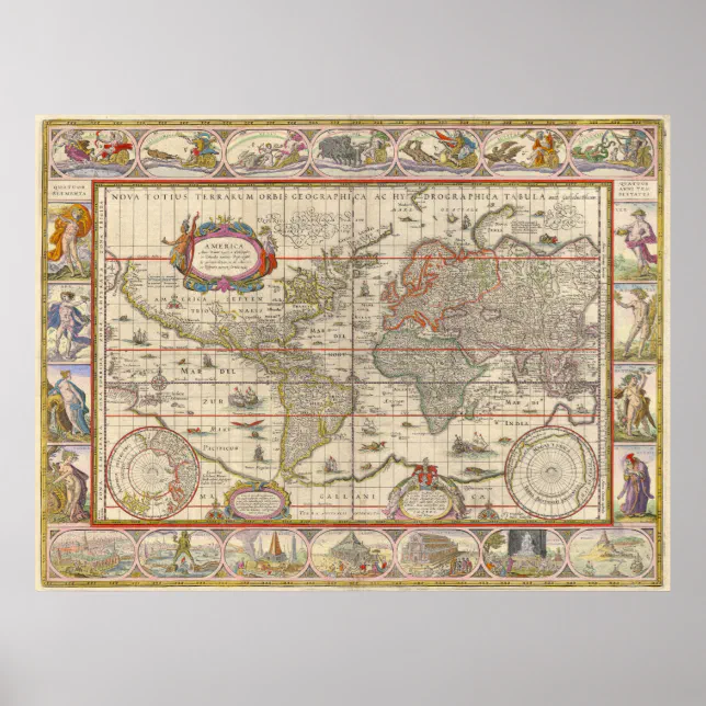 BLAEU WALL MAP ヴィンテージ世界地図 Poster Mapa mundial medieval de Willem Blaeu | Zazzle Brasil