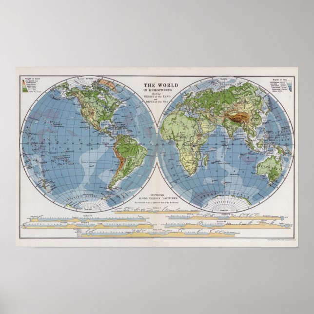 Poster Mapa Mundial mostrando Alturas da Profundidade da  (Frente)