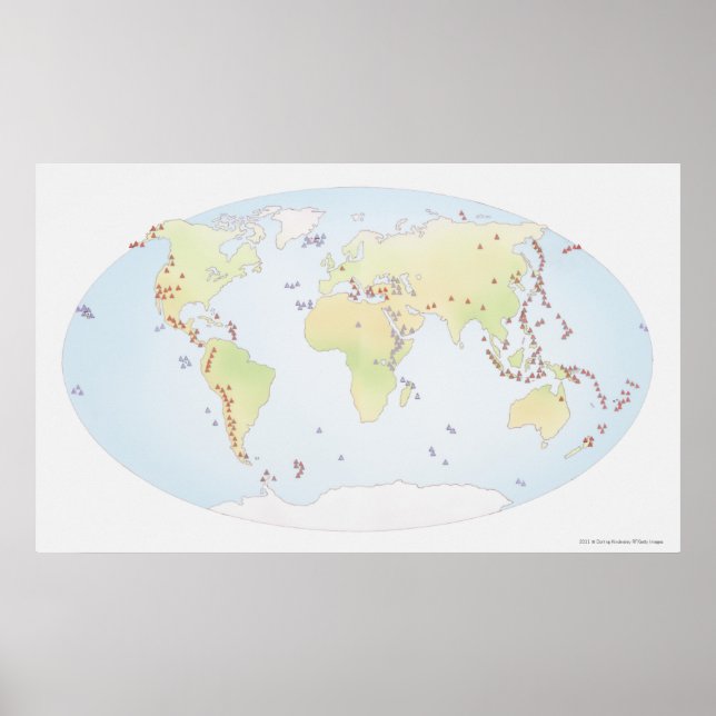 Pôster Mapa mundial mostrando locais de atividade vulcâni (Frente)