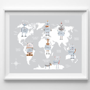 Poster Mapa Mundial Robô, Mapa Mundial Quarto de Meninos