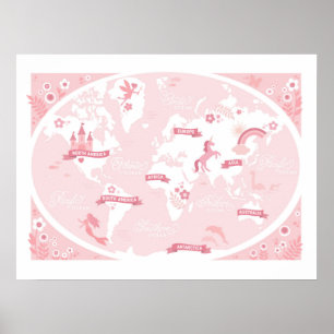 Poster Mapa Mundial Rosa Encantado - Arte Infantil