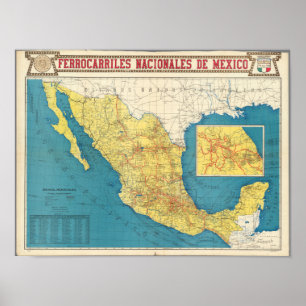 Poster Mapa Nacional das Estradas de Ferro do México