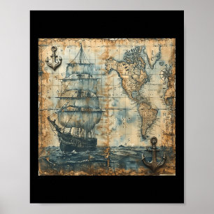 Poster Mapa Náutico Antigo Vintage Navio Pirata Iate Mar