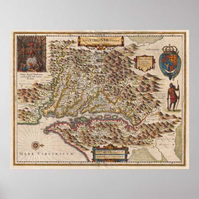 Pôster Mapa Nova Virginiae Tabula 1630 Henricus Hondius (Frente)