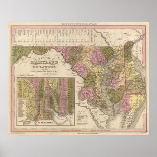 Pôster Mapa novo de Maryland e de Delaware