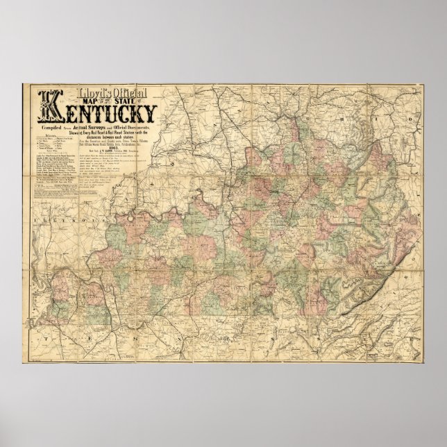 Pôster Mapa Oficial do Estado de Kentucky de Llyod em 186 (Frente)