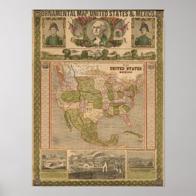 Pôster Mapa Ornamental dos Estados Unidos e do México (Frente)