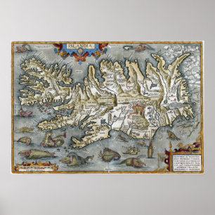 Poster Mapa Ortelius Islandia com Monstros do Mar Impress