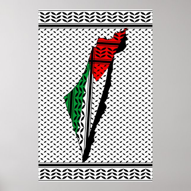 Poster Mapa Palestino que Bandeira e Padrão Keffiyeg (Frente)